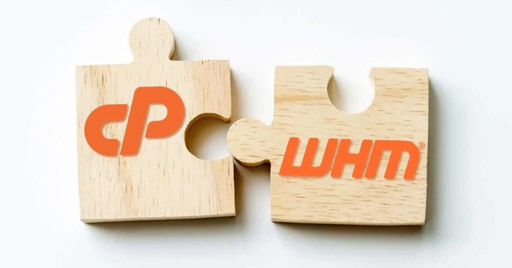 A puzzle piece with cPanel logo connecting to another puzzle piece with WHM logo