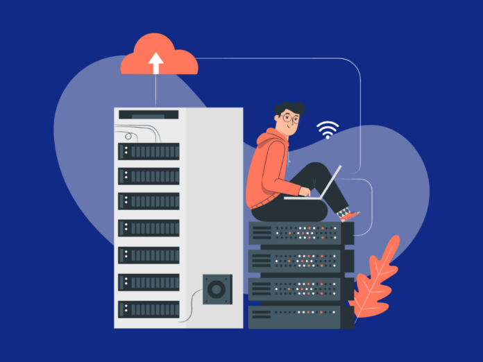 Man looking up what is web hosting on laptop while sitting on webserver