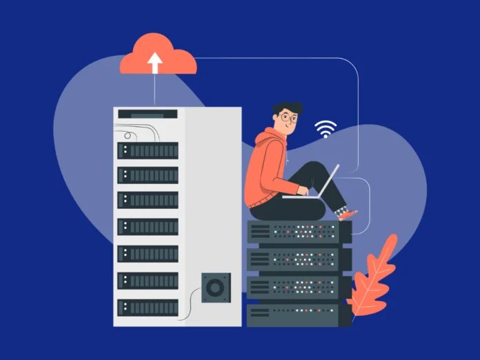 Man looking up what is web hosting on laptop while sitting on webserver