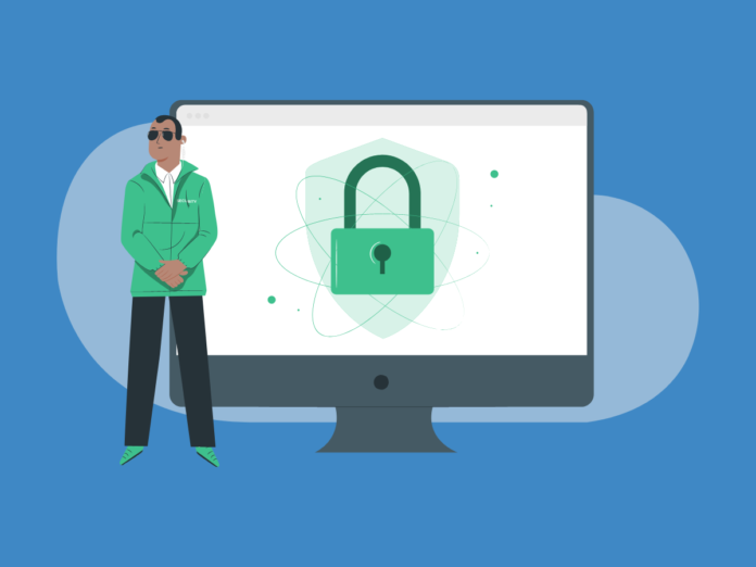 Image of man standing in front of computer screen with a large lock to illustrate what are SSL certificates