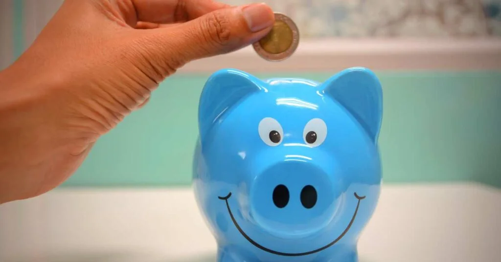 Hand putting money into piggy bank