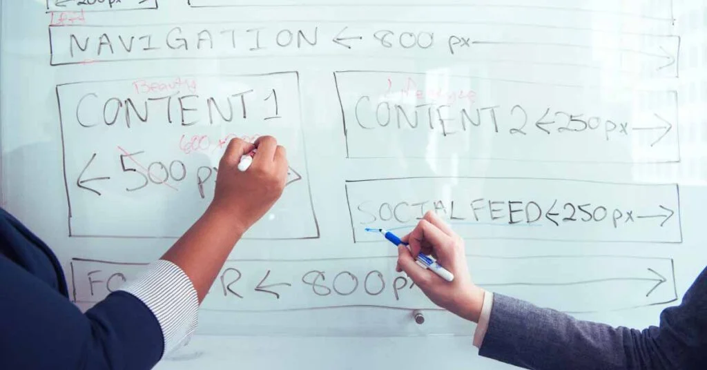 People brainstorming website layout on whiteboard