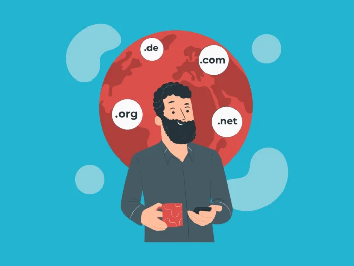 Image of man looking up different domain extensions
