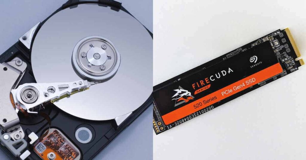 Image of a hard-disk drive (HDD) next to a solid-state drive (SSD)