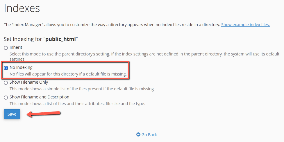 Choose 'No Indexing' and select Save