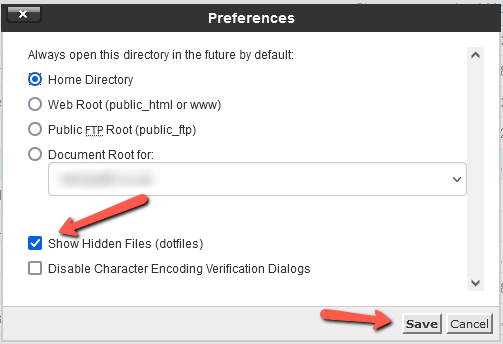 Select to show hidden files and save